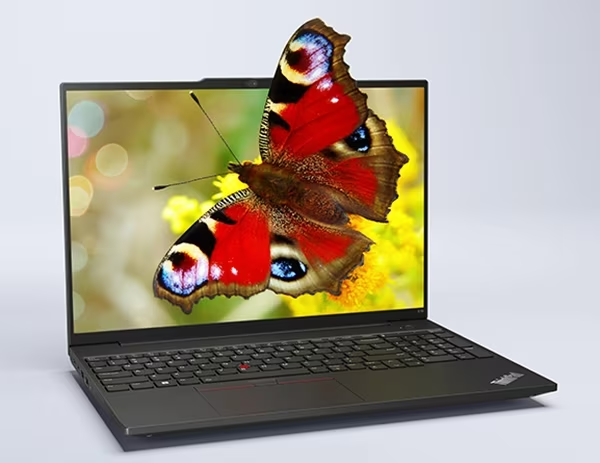 Lenovo ThinkPad E16 (16″ Intel) laptop – front view from the left, lid open, with a large butterfly appearing to pop out of the display
