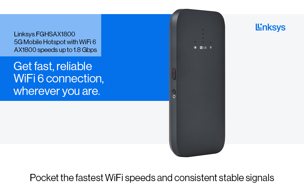 Linksys 5G Mobile Hotspot product image on a blue and white background. 