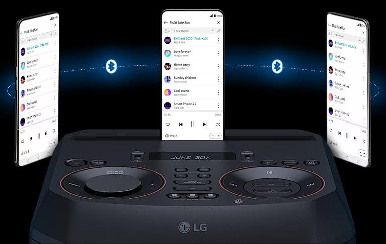 A smartphone is on an LG XBOOM RNC5 with two other smartphones floating around it. A Bluetooth logo is shown in bewteen smartphones.