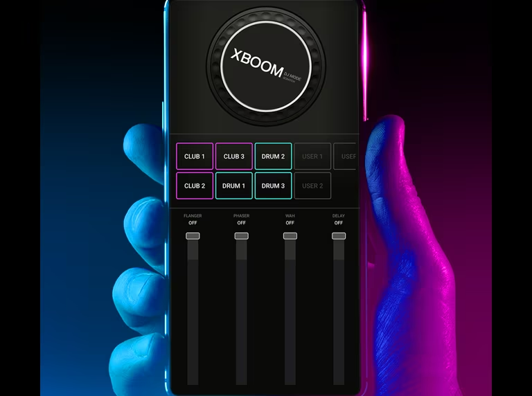 A hand holding a smartphone, showing DJ app.