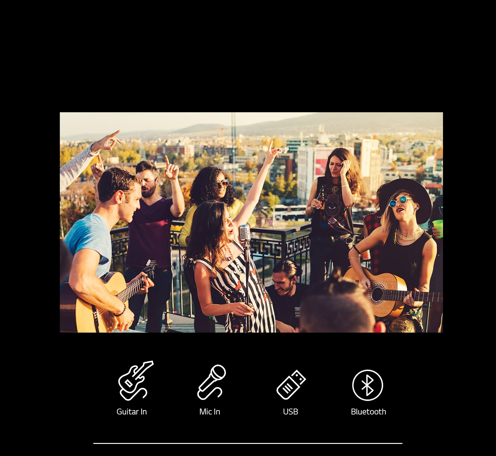 There are people enjoying acoustic concert with LG XBOOM XL7S. Below the image, there are guitar 