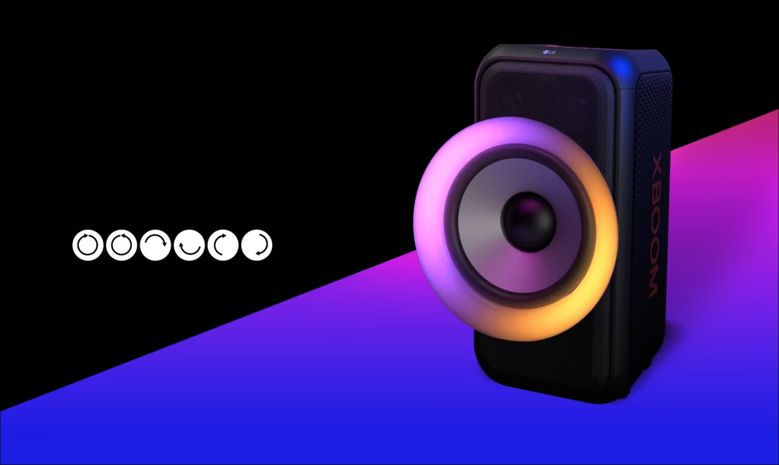 Text is placed on the black colored area, and the pictogram of multi color ring lighting's movements are shown; clockwise, counter-clockwise, upper and lower semicircle, left and right semicircle, and flash effect. The speaker is placed 45 degree angle to the left. And there is purple gradient colored area underneath for design purpose. 6.5-inch woofer is exaggerated in order to highlight its various colors.