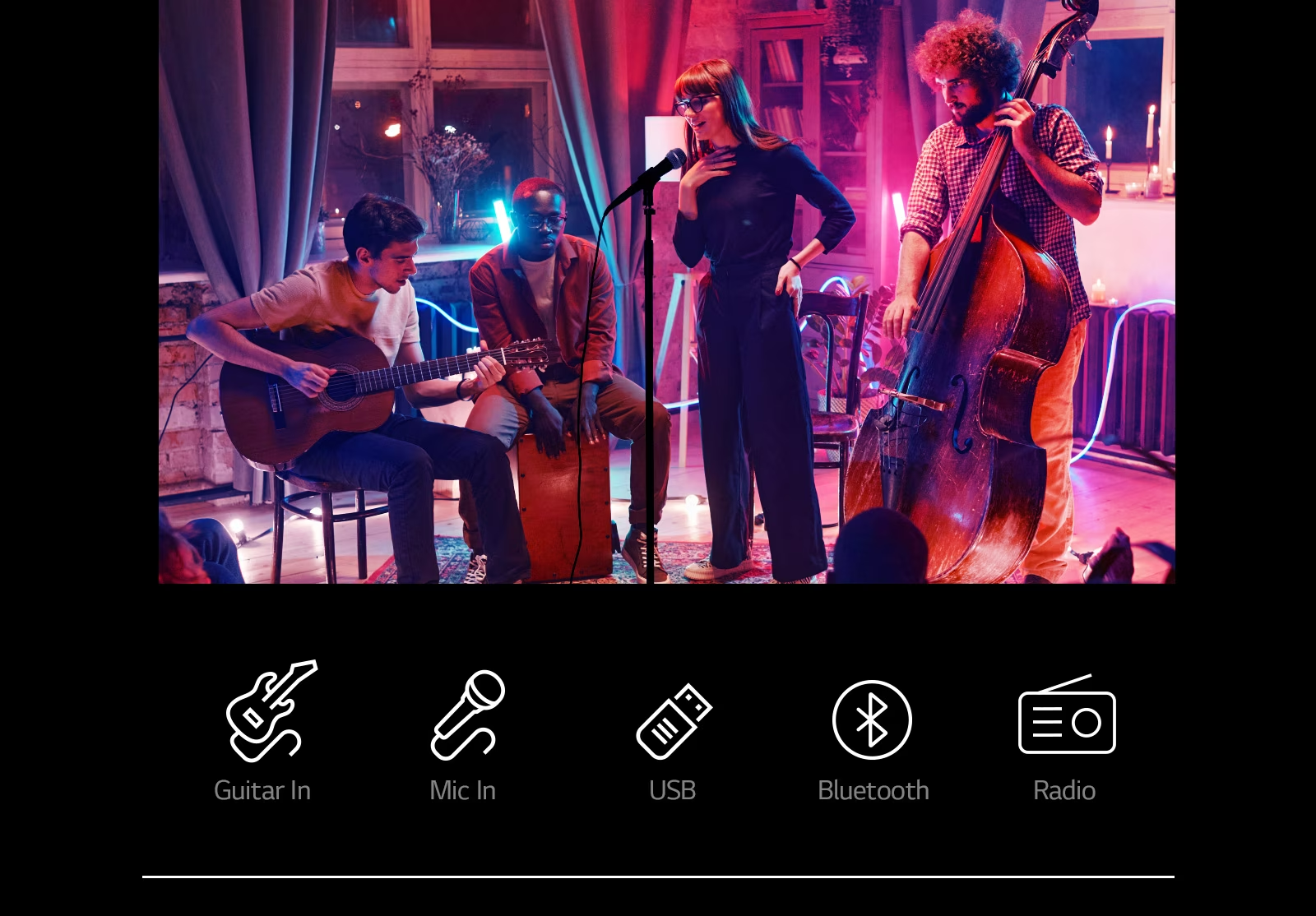 LG RNC7 A concert scene. Connectivity icons are shown below the image.
