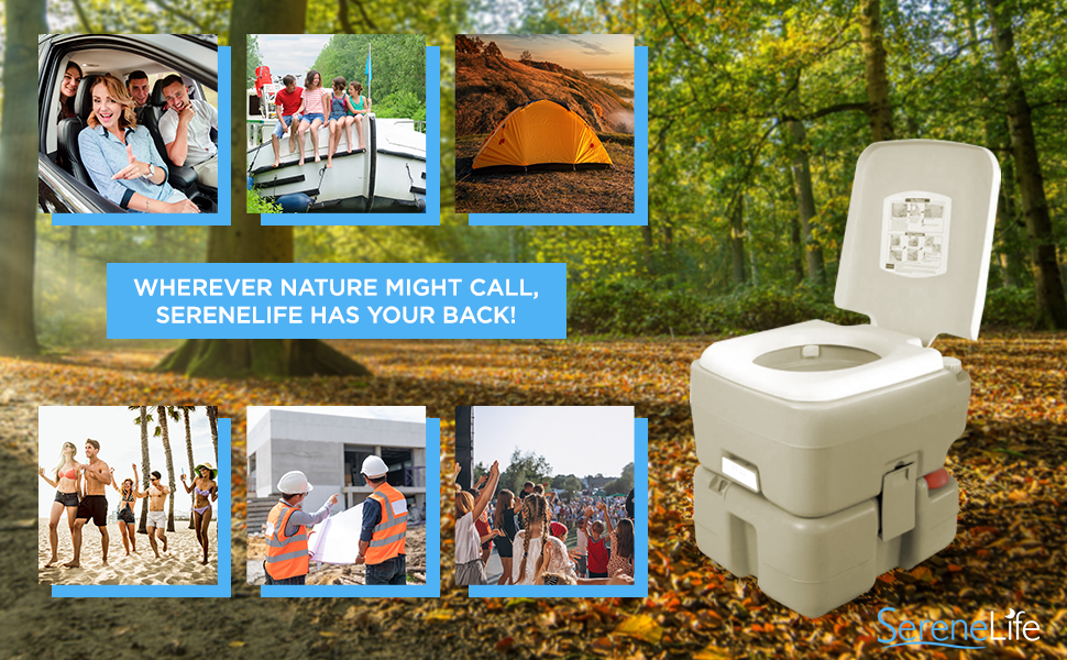 Hiking & Other Outdoor or Indoor Activities Portable with Bellows Pump Flush SLCATL120 Cover and 5.3 Gallons of Water Tank Capacity for Travel SereneLife Toilet Porta Potty Seat Camping 