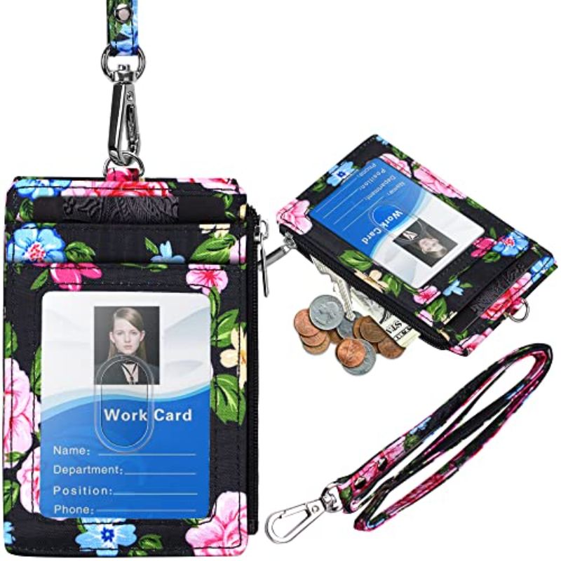 ELV Badge Holder with Zipper - PU Leather ID Badge Card Holder Wallet with  5 Card Slots, 1 Side RFID Blocking Pocket, and a 20-Inch Neck Lanyard Strap  for Office ID, School