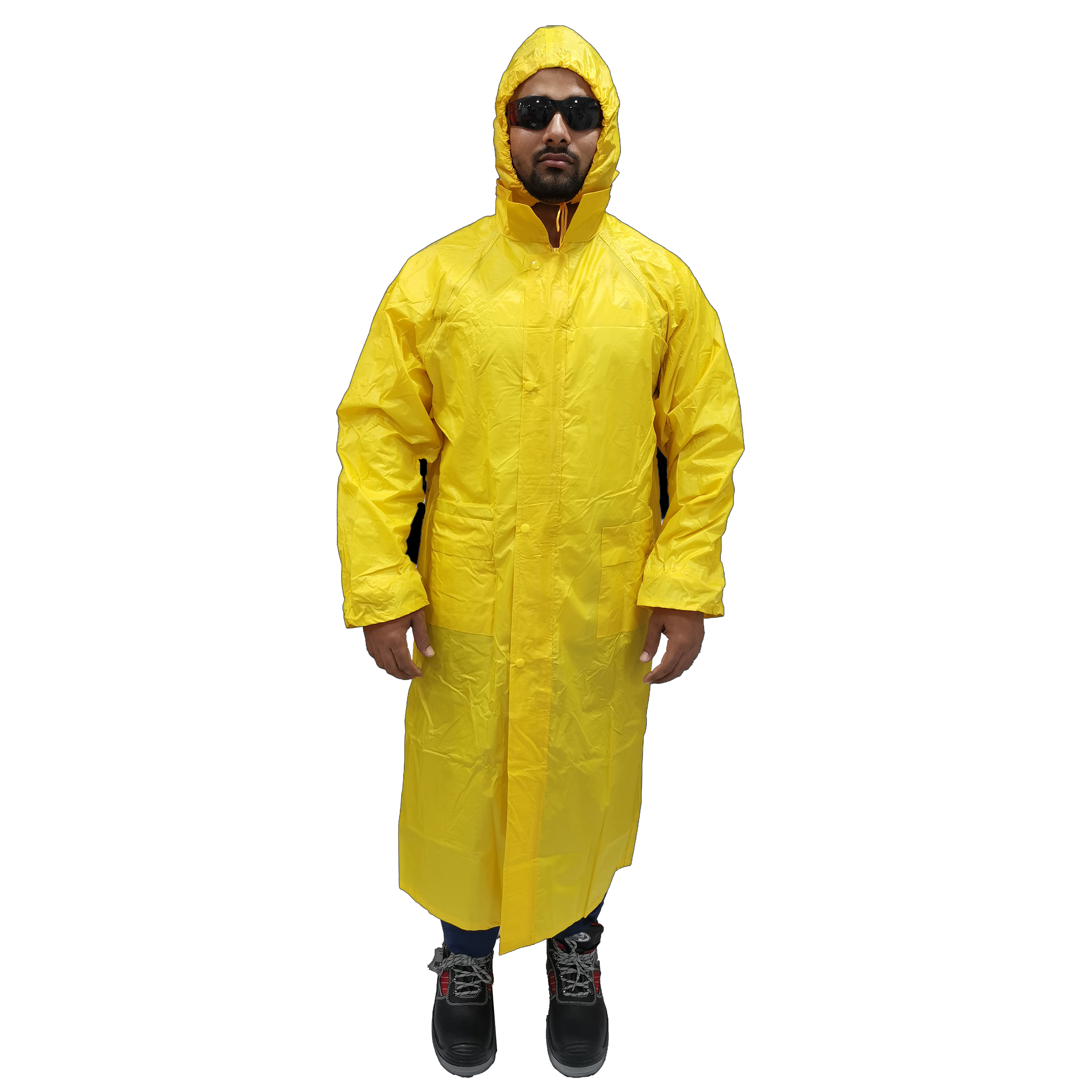 yellow plastic raincoat with hood