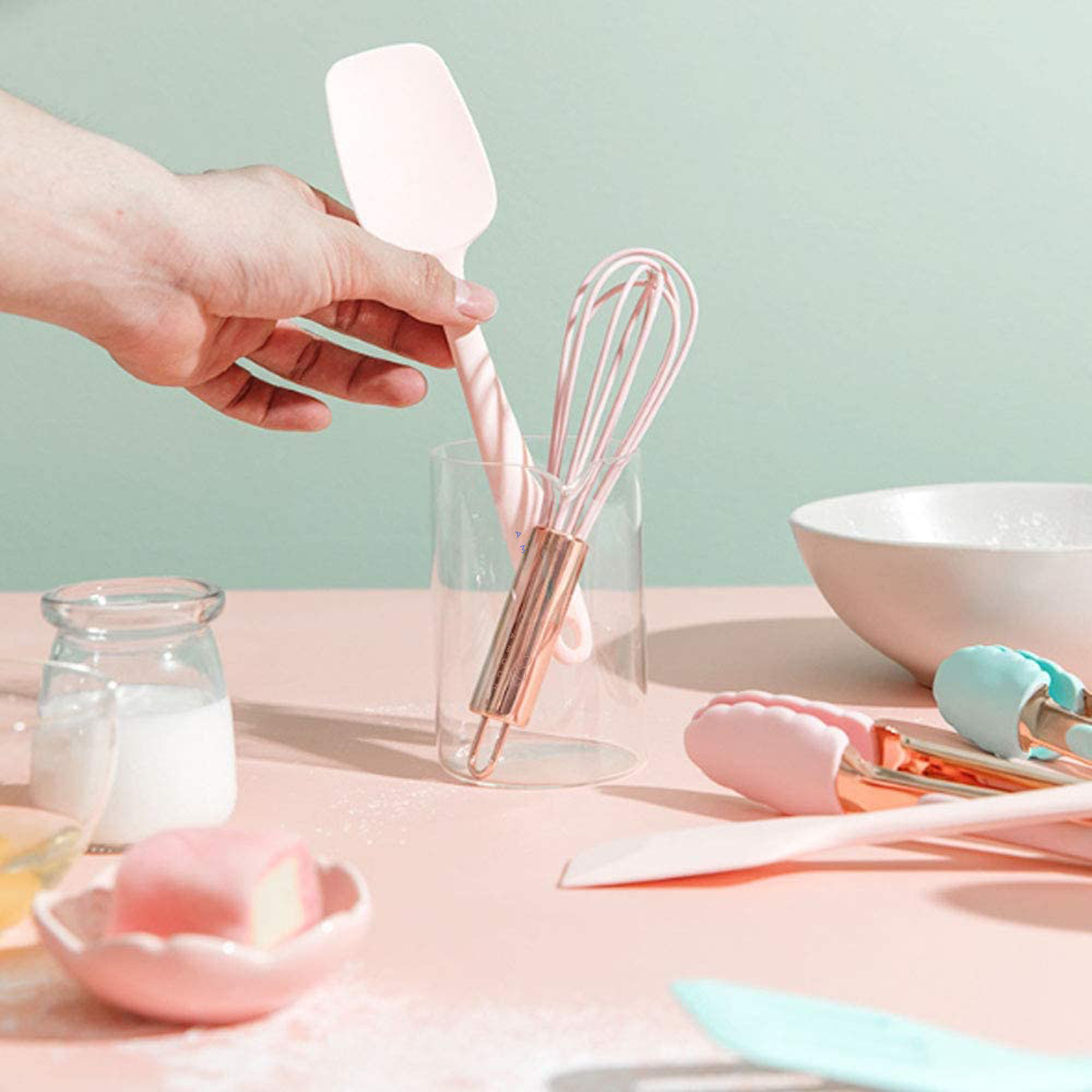 Amour Set Of Five Pink And Rose Gold Silicone Mini Kitchen Utensil