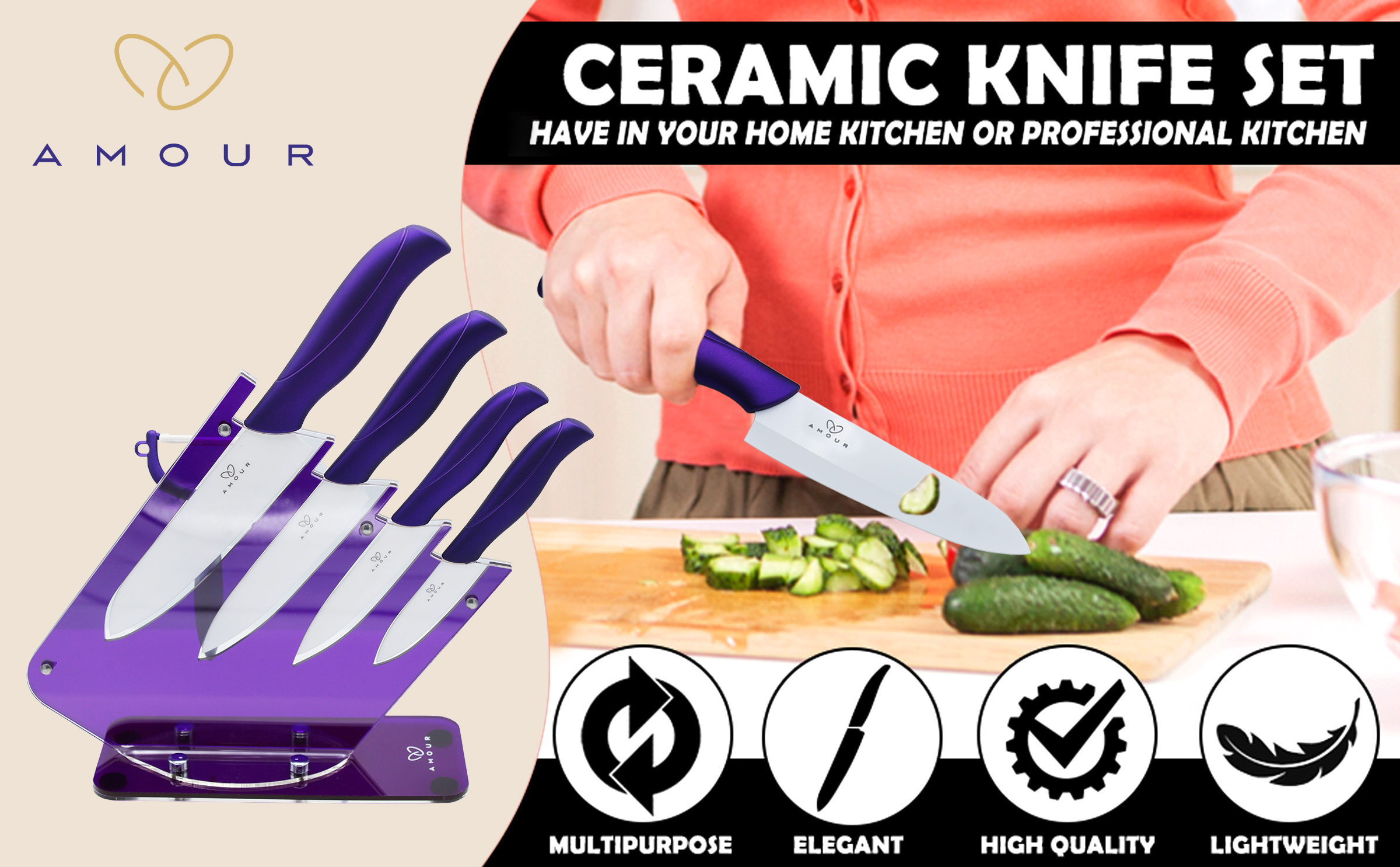 Amour 6 Piece Ceramic Knife Set , Super Sharp & Does Not Rust ( Purple )