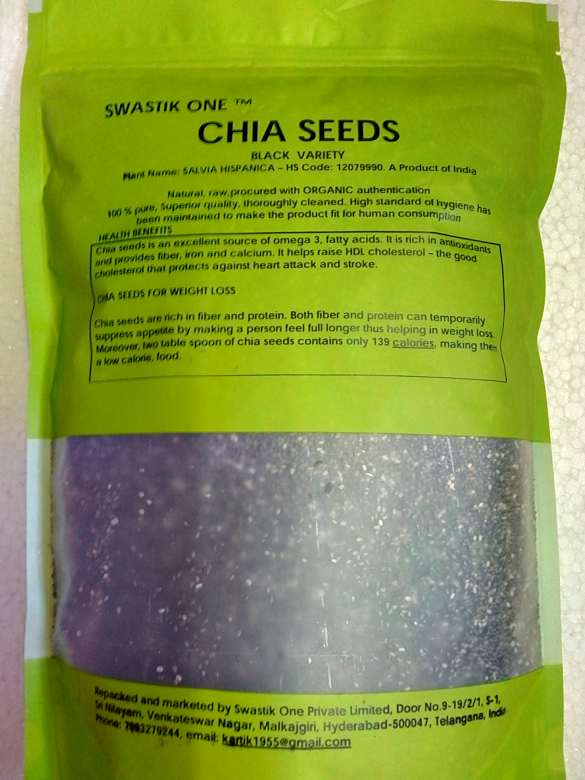 Swastik One Black Chia Seeds Net quantity 1 kg Pack colour Green