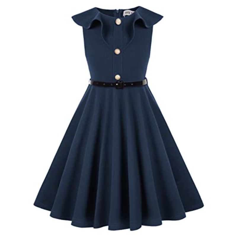 240 Navy Kate Kasin Girl's Sleeveless Vintage Print Swing Party Dresses ...