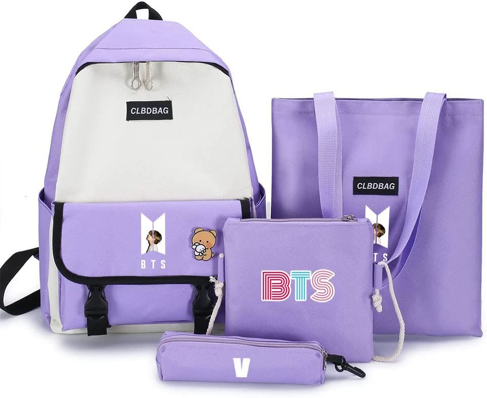 Goodern 4 Pcs Bts V Backpack School Book Bag Set Purple, Wholesale