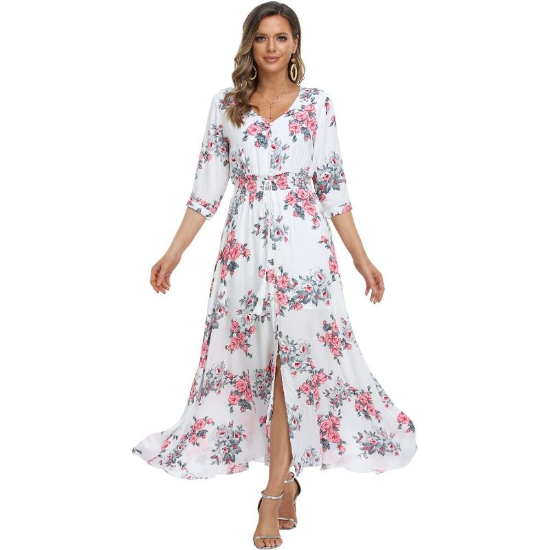 Nibeminent Summer Floral Print Maxi Dress Women Button Up Split Long ...