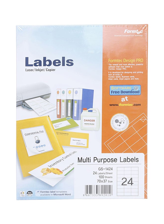 Formtec 100-Sheets Label Per Sheet Box (24 Labels Per Sheet ...