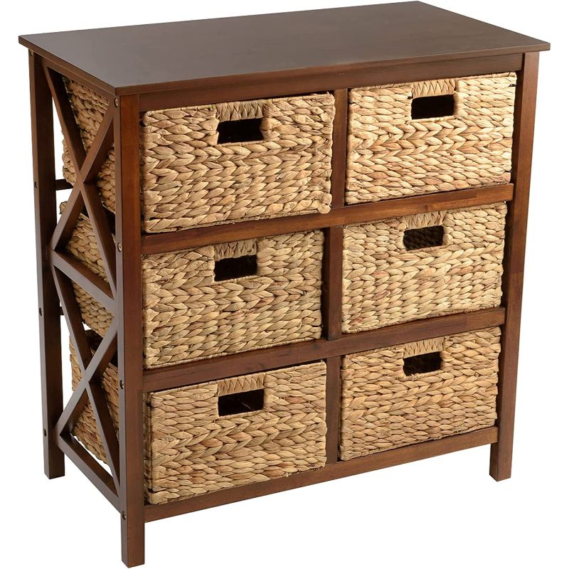 Wooden storage cabinet with wicker outlet baskets