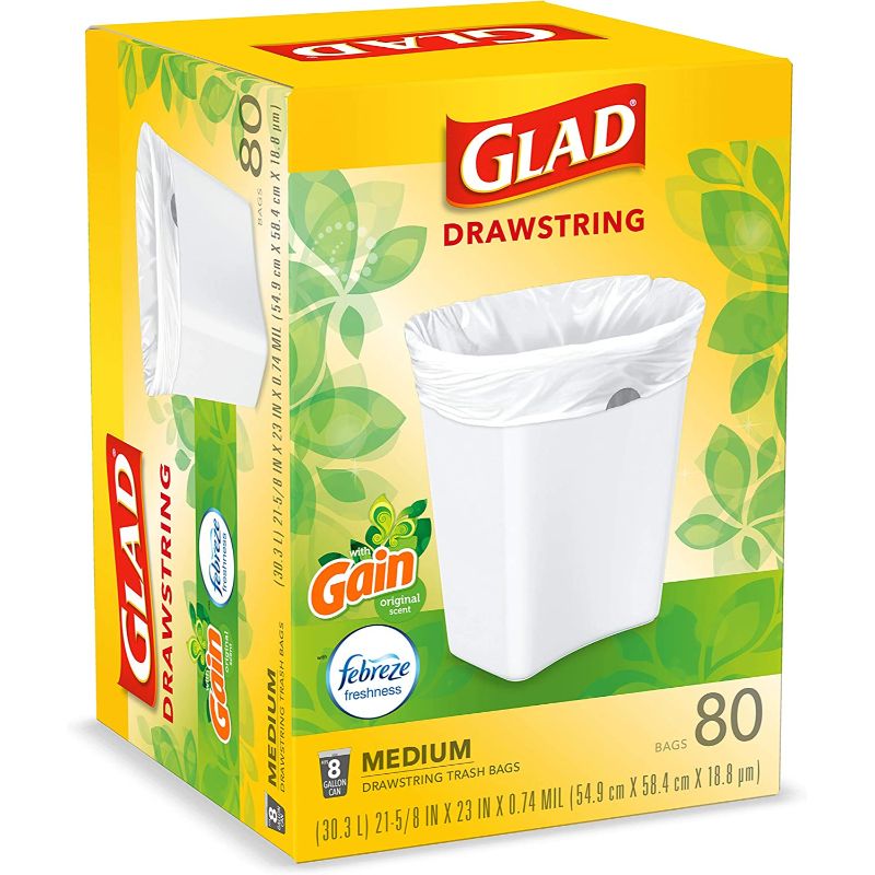 Glad Medium Drawstring Trash Bags, 8 Gallon, White, Gain Original Scent with Febreze Freshness, 80 Count