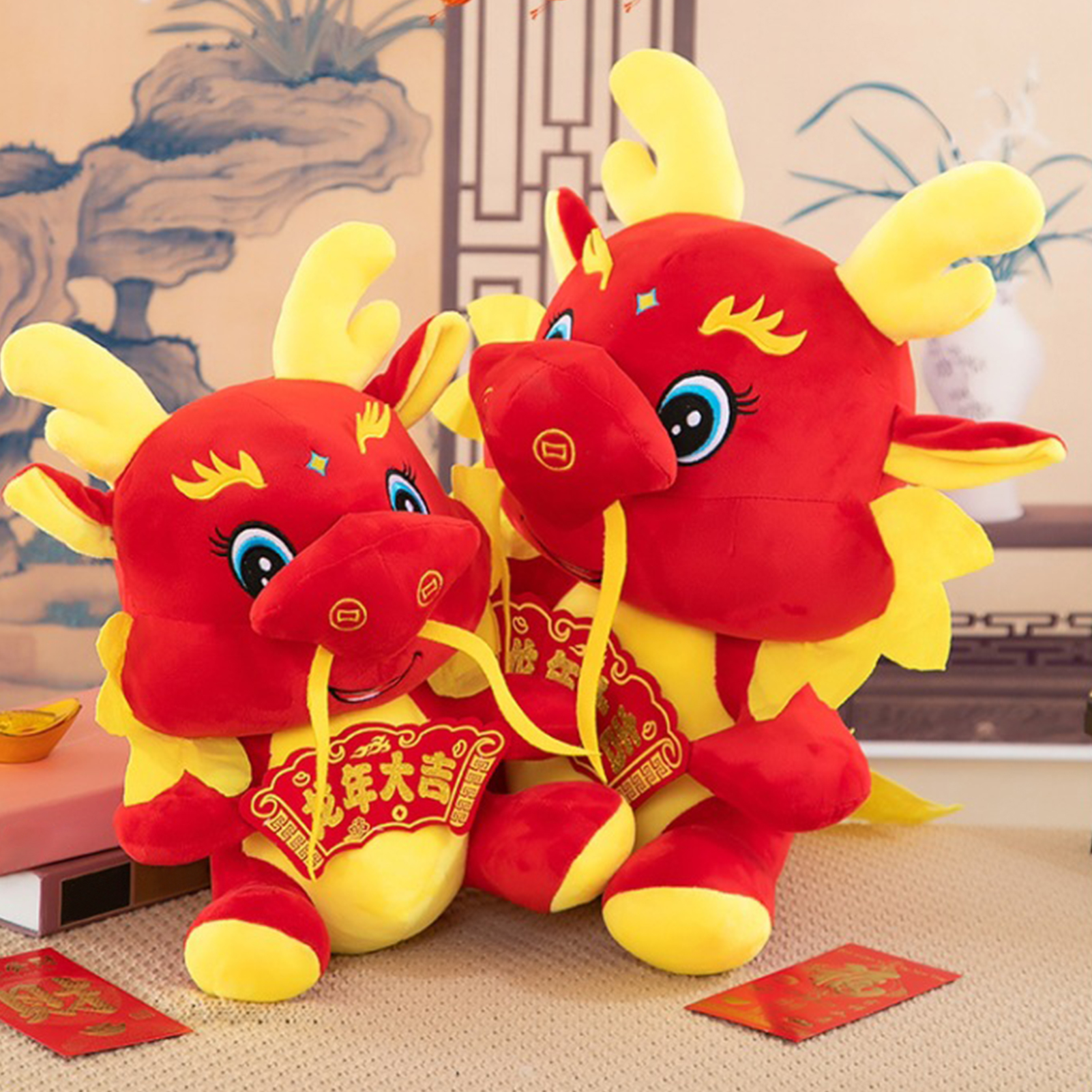 Year Of 2024 Mascot Cute Red Dragon Hold Golden Block Plushies