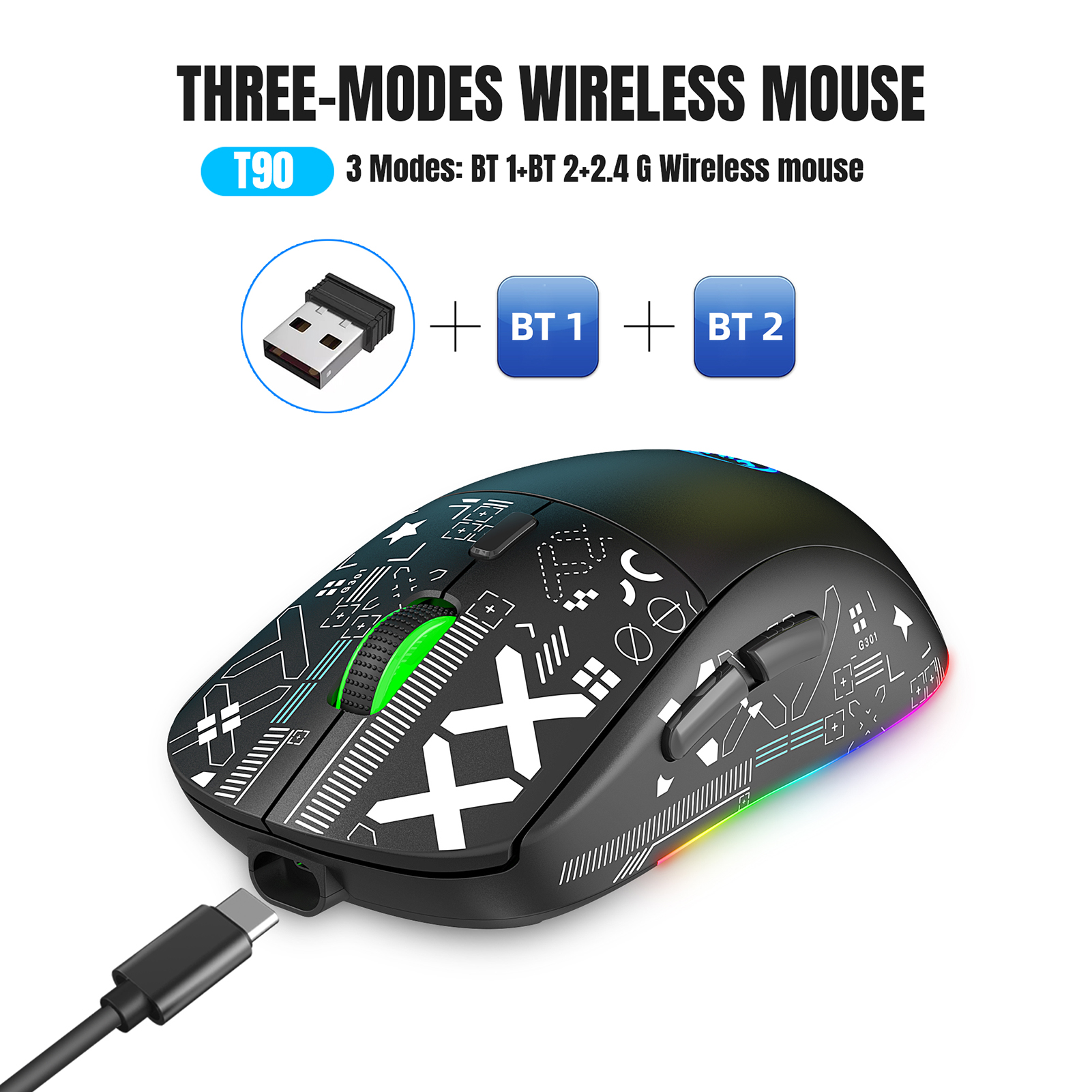 HXSJ T66 Ergonomic 2.4G Wireless Gaming Mouse with RGB Lighting