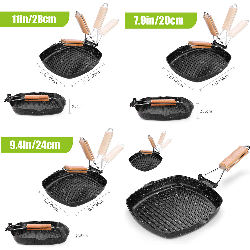 9.4IN Non-stick Grill Pan with Folding Handle for Stove Tops, Induction,  Black